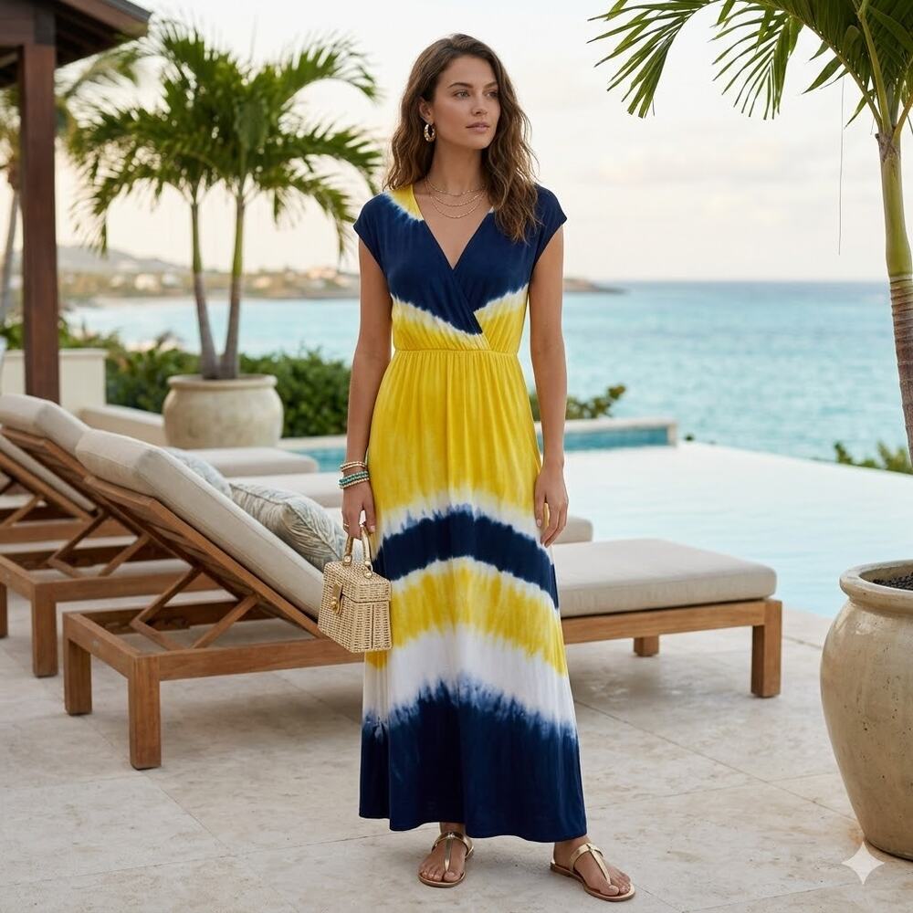 WD·NY Tie Dye Maxi Dress Womens Navy Yellow V-Neck Jersey Knit Small